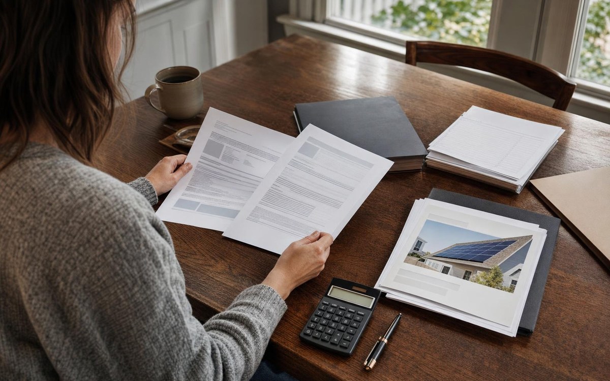 Solar billing records to compare Generic utility bills, a solar proposal, and interconnection records arranged beside a calculator for comparison.