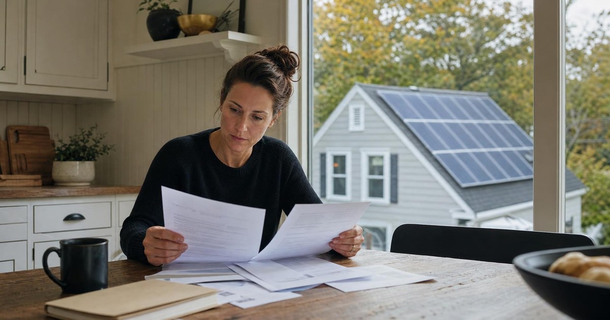 Homeowner reviewing a solar utility bill in a New York suburban home with rooftop panels visible outside.